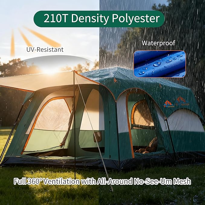 Large Family Standing Upright Camping Tent - 5-12 Persons Multi-Room Waterproof Tent with Screened Porch - Glamping Tent for Outdoor Camping &amp Family Vacation