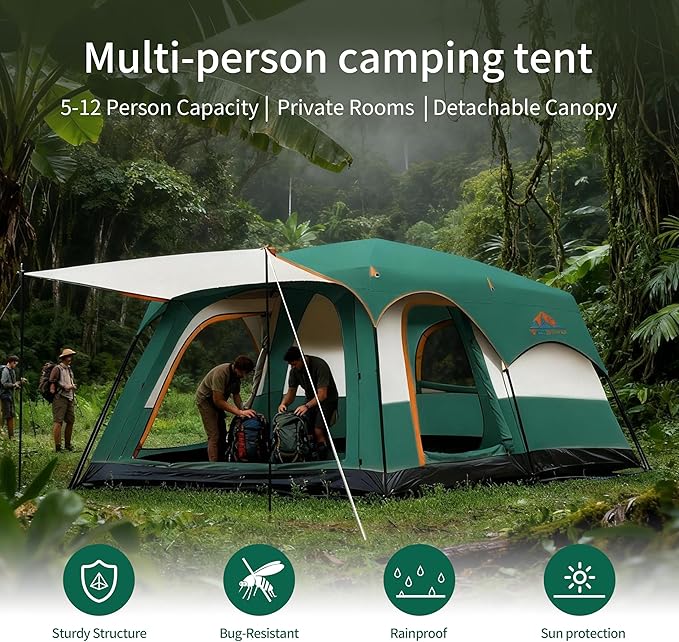 Large Family Standing Upright Camping Tent - 5-12 Persons Multi-Room Waterproof Tent with Screened Porch - Glamping Tent for Outdoor Camping &amp Family Vacation