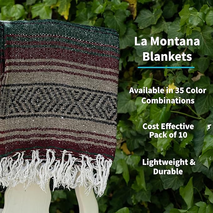 La Montana Mexican Blankets and Throws 4 Pack 74x50 - Made in Mexico Lightweight Yoga Blanket for Schools Studios Outdoors Camping Picnic Decor - Washable Mocha/Burgundy/Forest Green