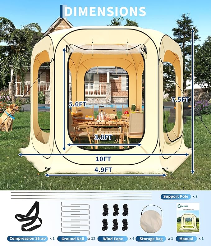 10x10 Ft Outdoor All Weather Pop Up Tent 6-8 Person Instant Tent Shelter Rainproof Camping Sun Shelter Coldproof &amp Windproof for Patio Backyard Deck Sports Events Beige