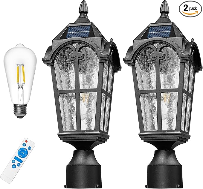Emliviar 2 Pack Waterproof Solar Post Lamps in Black Finish for Pathway 17.3'' Dusk to Dawn Garden Patio Post Lights Includ LED Bulbs with Water Grain Glass Shade YXE302P-2PK SL BK