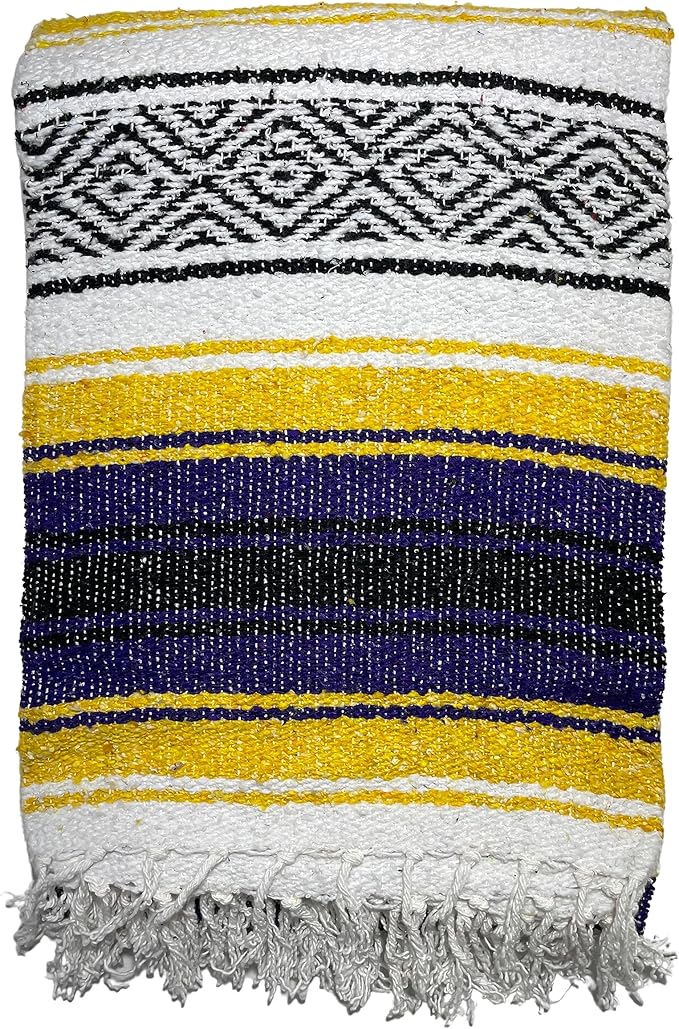 Genuine Oversized Artisan Mexican Falsa Yellow Purple Blanket (72inx48in) -Authentic Handcrafted Yoga Blanket Beach Throw Camping Essential Picnic Mat or Outdoor Wrap
