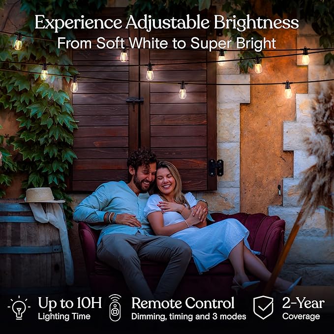 Brightech Ambience Pro Super Bright Solar - 27Ft Remote Control Outdoor String Lights with 12 Shatterproof S14 Bulbs Commercial Grade LED Waterproof Patio Lights 4W Soft White for Patios Gardens