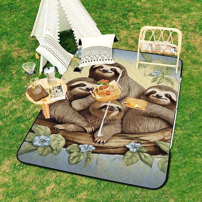 Zipper Sloth Family Style Picnic Mat Suitable for Travel Camping Park Or Home Use
