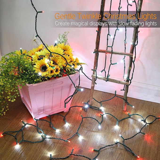 ODEETRONIC Red &amp White Christmas Lights 33ft 100LED Gentle Twinkle Christmas Tree Lights 5mm Wide Angle Mini Light Connectable 120V UL Certified Xmas String Light for Indoor Outdoor Green Wire
