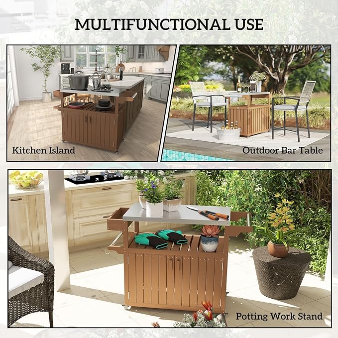 Outdoor Bar Cart with Stainless Steel Top 45.7x18.9x35in HDPE Structure 66lb Load Capacity Storage Cabinet Open Shelf Brown
