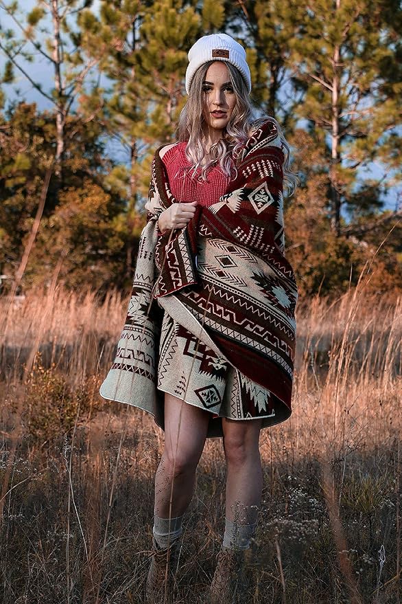 Inca Aztec Throw Queen King Blanket | Southwest Indian Navajo Boho Style | Native Cover for Camping Bedding Couch Vanlife | Faux Alpaca Lightweight Hypoallergenic (Vinincunca Maroon Throw)