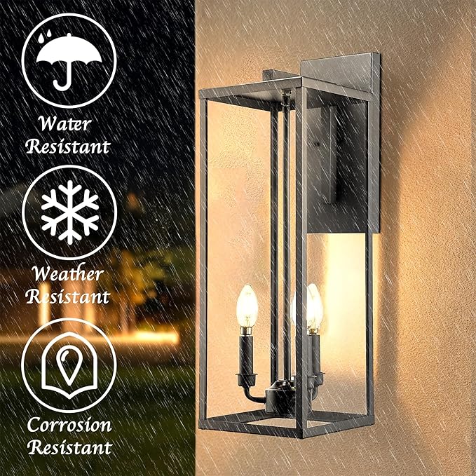 Bestshared Large Outdoor Wall Sconce 24'' Modern Black Outdoor Wall Lantern 3-Light Clear Glass Porch Light Weather Resistant Outside Light for House Entryway Garage Patio E12 Base(2Pack)