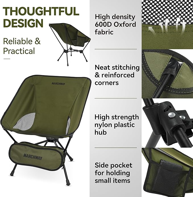MARCHWAY Lightweight Folding Camping Chair with Spring Lock Stable Compact Portable for Outdoor Camp Travel Beach Picnic Festival Hiking Backpacking (Lowback Green)
