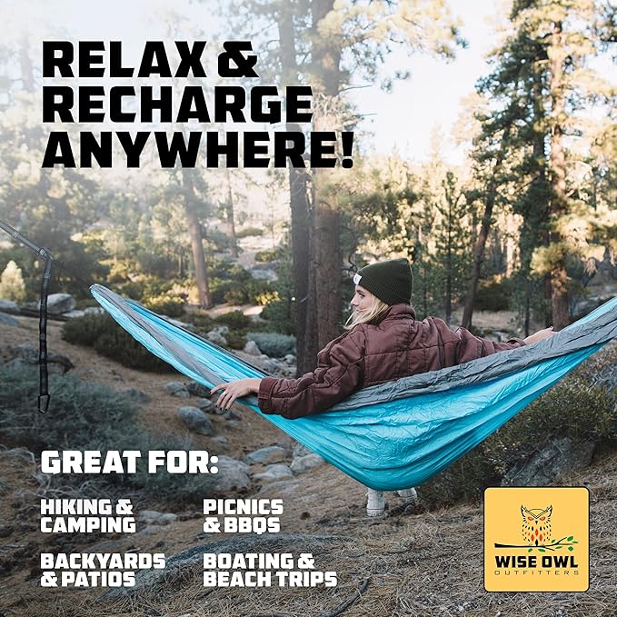 Wise Owl Outfitters Camping Hammock – 500lbs Portable Hammock with Tree Straps - Travel Backpacking Hiking Outdoors Camping Gear - Single or Double