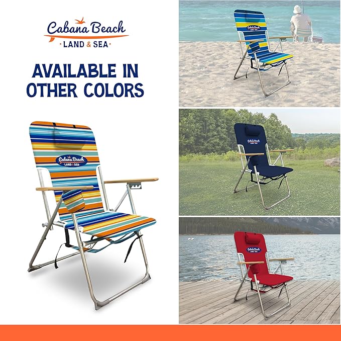 Cabana Beach Folding Beach Chair 4 Position Portable Backpack Foldable Camping Accessories with Headrest Cup Holder and Wooden Armrests Bold Candy Stripe