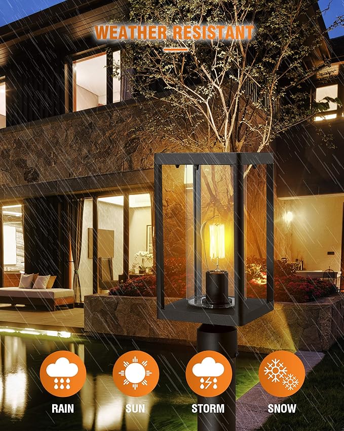 Beionxii Outdoor Post Lantern 20inch Large Modern Lamp Post Light Fixture Exterior Pillar Lights with Pier Mount Base Black Cast Aluminum w/Clear Cylinder Glass - A291P-2PK (NOT Solar 110-120V AC)