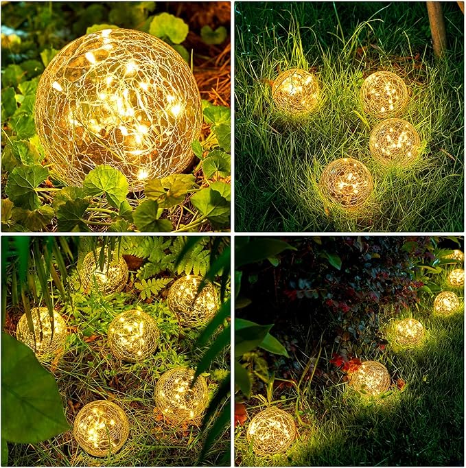 Honoson Solar Globe Lights Outdoor - Waterproof Cracked Glass Balls for Garden Patio Lawn &amp Yard Warm White Solar LED Lights with Easy Installation &amp Durable Design(3.9 Inch12 Pieces)