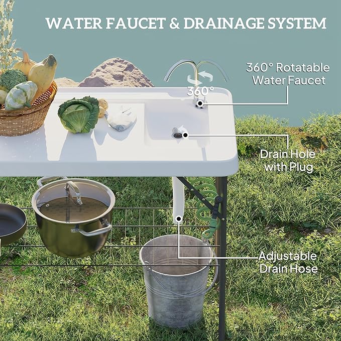 Outsunny Folding Fish Cleaning Table Portable Camping Sink Station with Faucet Drainage Hose Sprayer Grid Rack and Knife Groove Outdoor Fillet Table for Picnic Beach Patio White