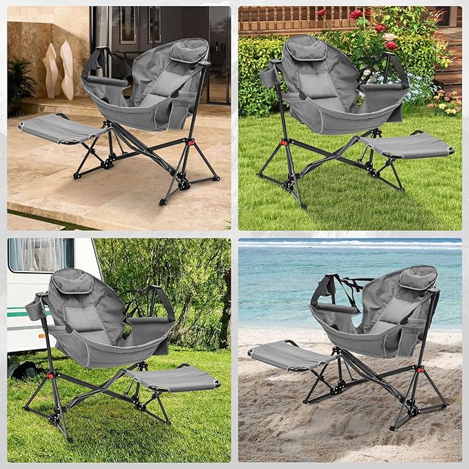 Hammock Camping Chair with Leg RestLightweight Portable Outdoor Chair for Camping and Hiking Supports 350lbs-Gray