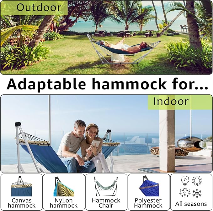 Tranquillo Ultimate Relaxation Portable Hammock Stand Foldable Hammock Stand with Canvas Hammock Spreader Bar Quick Fold Unfold in 30 Seconds Steel Frame Hammock 600 lbs Capacity White/Blue
