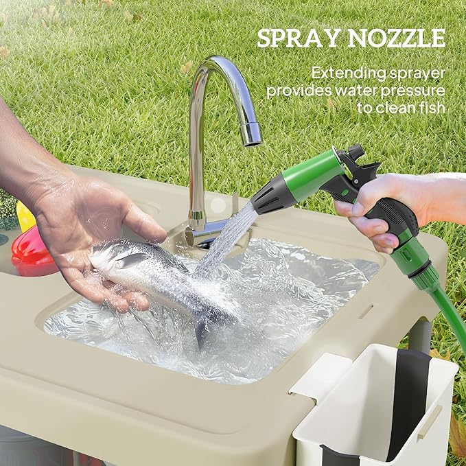 Outsunny Folding Fish Cleaning Table with Sinks Portable Camping Sink Table with Faucet Drainage Hose Sprayer Shelf Drawer and Storage Basket Outdoor Fillet Table for Picnic Beach Patio Tan
