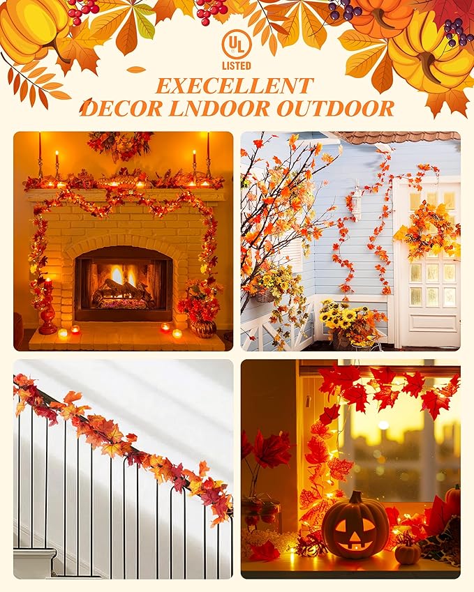 VCOKEN 11FT Fall Garland With Lights - 50 Bulbs Connectable Maple Leaves With Pumpkin Plug-in Decor for Outdoor Indoor Halloween Thanksgiving Holidays