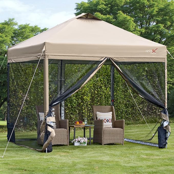 10x10 Pop Up Canopy Tent with Mosquito Netting Outdoor Portable Screen Tent for Yard Party Camping and Picnic 3 Height Positions Patio Gazebo with Roller Bag and 4 Sandbags Khaki