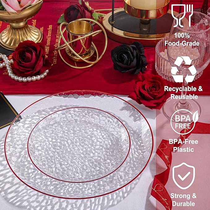 Rubtlamp 60Pcs Red Plastic Plates Clear Plastic Plates With Red Rim Heavy Duty Disposable Plates for Party Fancy Hammered Plates Include 30 Red Dinner Plates 30 Clear Cake Plates