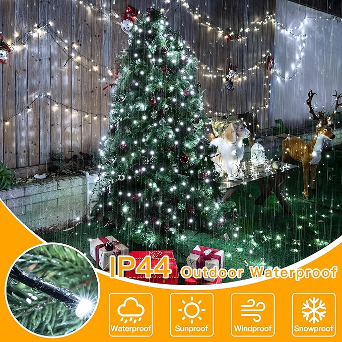 Ollny Christmas Tree Lights 8.2ft*16 Strings with Ring 8 Lighting Modes 3 Timers Dimmable Christmas Lights Indoor/Outdoor with Remote Waterproof for Xmas Decor (Cool White)
