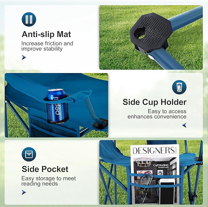 LET'S CAMP Camping Chair 2 Pack Folding Chair with 3-Can Cooler Bag Portable Lawn Chair with Cup HolderStorage Pocket Supports 225LBS Collapsible Chair for Camp Beach Picnic (Blue)