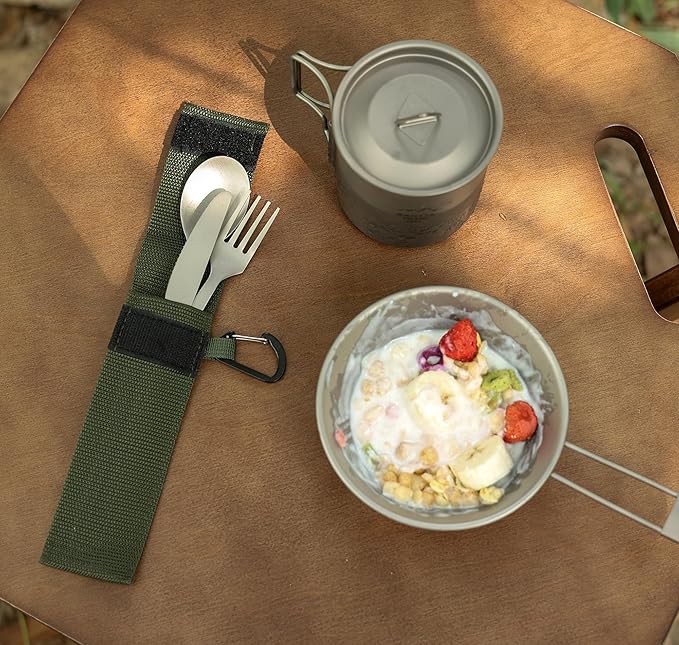 SANTTA Titanium Camping Utensils Ultra Light Spoon Fork Knife 3 Piece Set Cutlery Set with Pouch and Carabiner for Outdoor Camping Hiking Backpacking Hiking Picnic and Travel