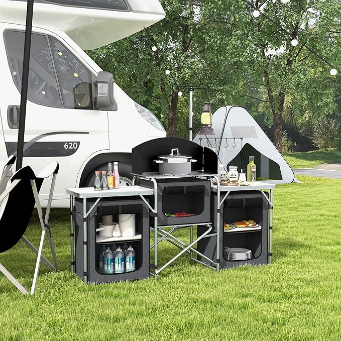Outsunny Camping Kitchen Table Portable Folding Camp Kitchen Aluminum Cook Station with 3 Fabric Cupboards Windshield Carrying Bag for BBQ RV Picnic Black