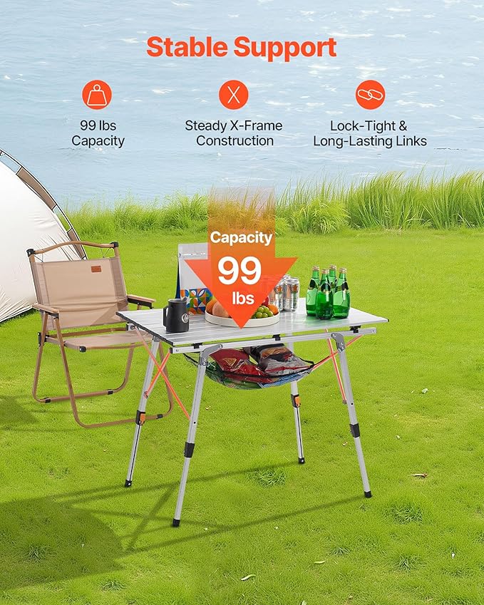 VEVOR Folding Camping Table Portable Roll Up Side Tables Lightweight Aluminum Beach Table for Outdoor BBQ Tailgating Picnic Travel (35 inch-Silver)