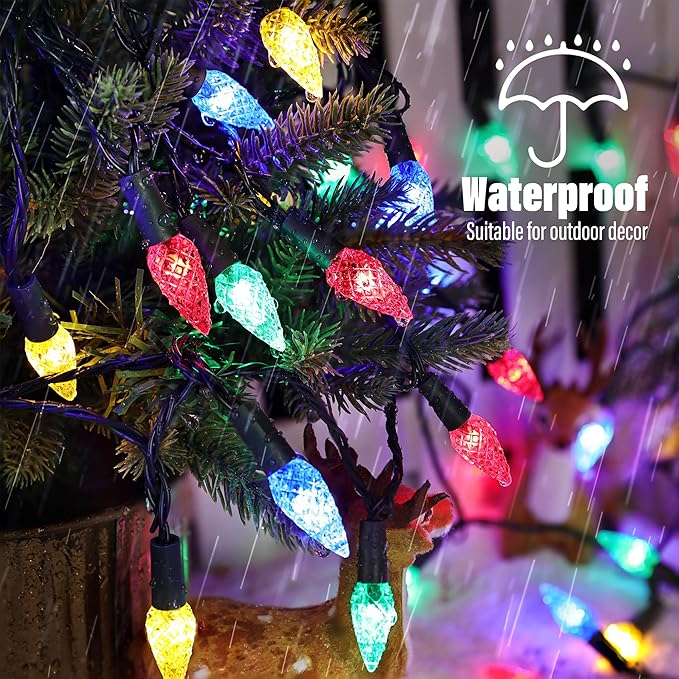 iBaycon Solar C6 Christmas Lights Outdoor 48FT 100LED C6 Strawberry String Light 8 Modes Solar Powered Lights String for Xmas Tree House Eaves Roof Christmas Holiday Decorations