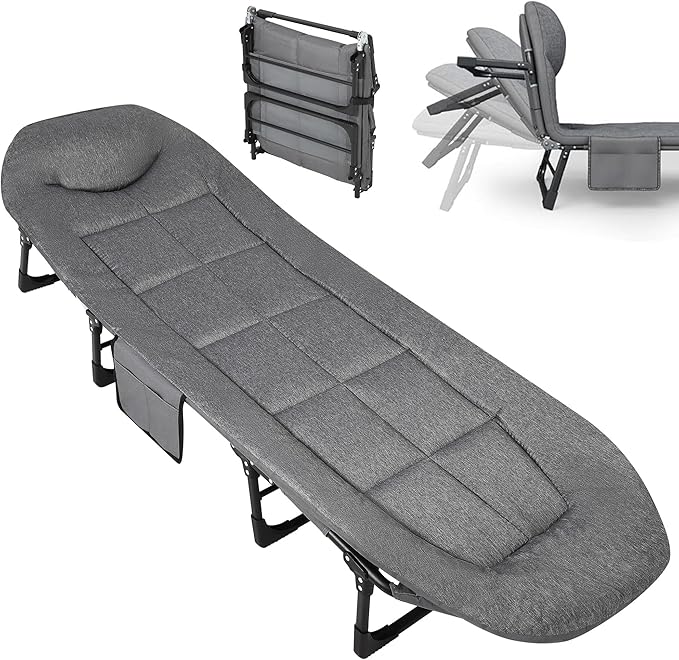 Garvee 75 Portable Folding Bed with Cushion and Pillow Camping Cot for Adults with Supports 500 Lbs Lightweight Tent Cot for Patio Beach Indoor Outdoor Grey
