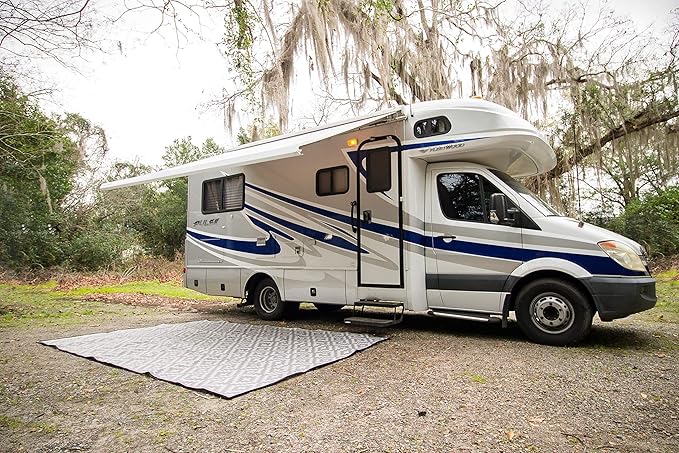 Mountain Mat Premium Outdoor RV Patio mat Sizes 8' x 12' 8' x 16' 8' x 20' Made from 100% Recycled Plastic for Tents Decks Campers and Beach – with Durable Carry Bag (8x12 Grey Diamond)