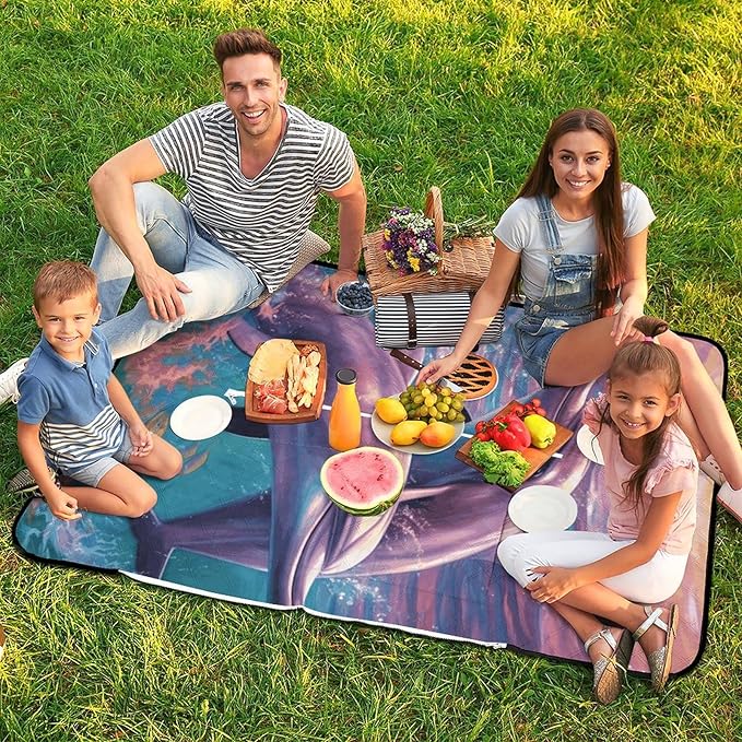 Zipper Dolphins Art Style Picnic Mat Suitable for Travel Camping Park Or Home Use