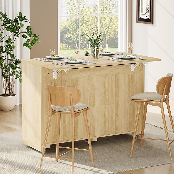 Rolling Kitchen Island Cart with Drop Leaf Tilt-Out Trash Cabinet Storage Drawers Spice Rack Farmhouse Wooden Table Compact Design for Small Spaces 53.1 on Wheels - Wood Color