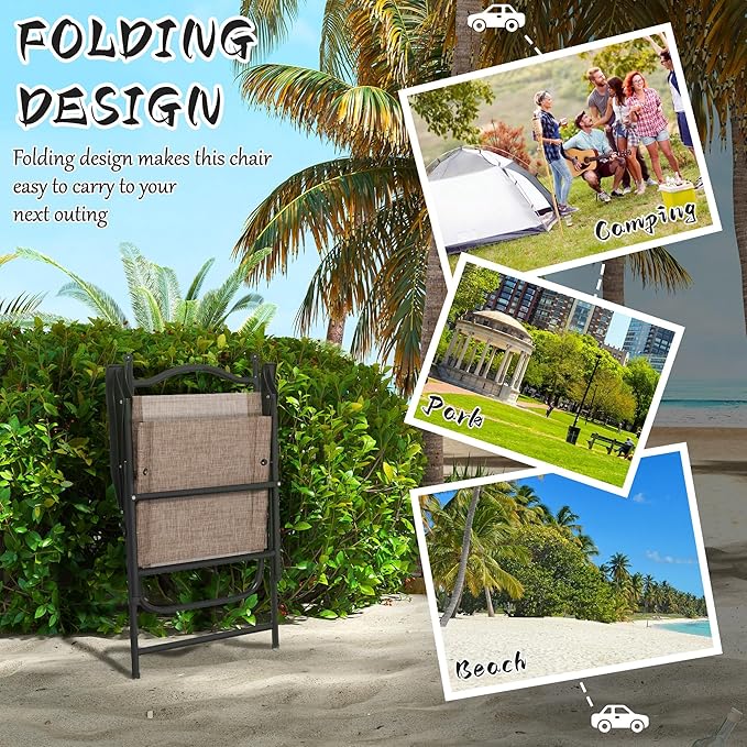 Folding Patio Chairs Set of 4 Sports Chairs for Adults Camping Chairs with Armrests Breathable Mesh Fabric Seat for Lawn Brown