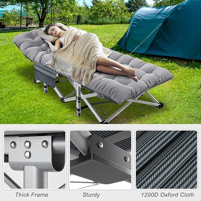 ABORON Oversized XXL Folding Camping Cot W/Mat for Adults 78 L x 32 W x 18 H Heavy Duty Outdoor Bed with Carry Bag1200 D Layer Oxford Travel Camp Cots