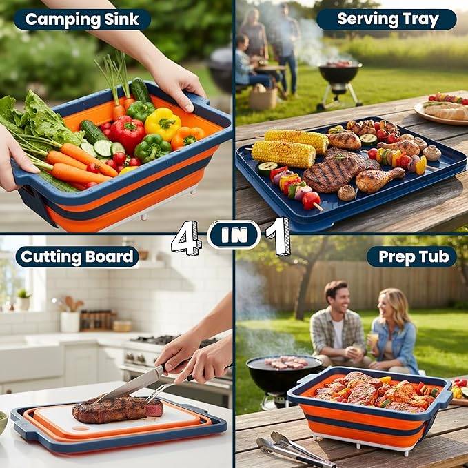 Collapsible BBQ Prep Tub with Lid and Cutting Board – XL Meat Marinating Container – Barbecue Accessory for Brisket Grilling Smoking Tailgate &amp Camping – Brine &amp Meal Prep System for Outdoo