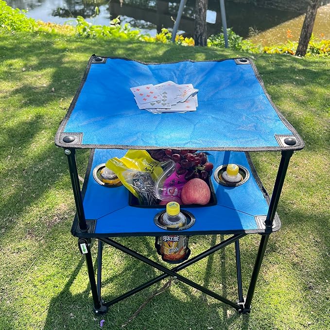 Portable Folding Camping Table with Cup Holders – Lightweight &amp Compact 2-Tier Outdoor Table with Storage Ideal for Card Games Snacks Picnic Tailgating &amp Camping (Blue + Black)