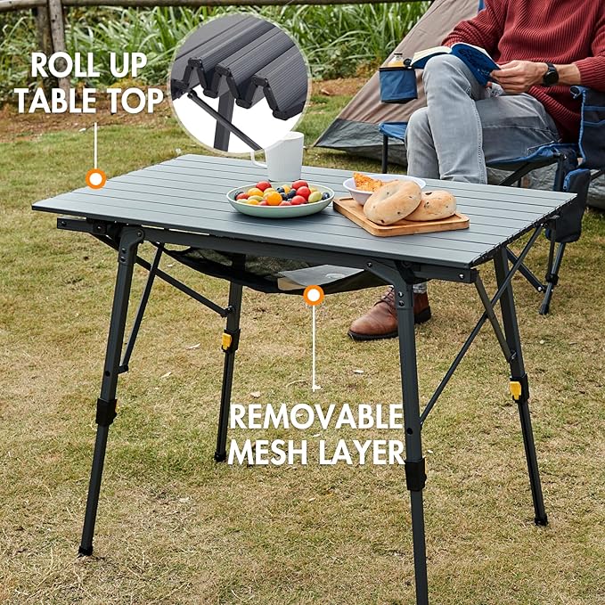 PORTAL Outdoor Folding Portable Picnic Camping Table with Adjustable Height Aluminum Roll Up Table Top Mesh Layer Dark Gray