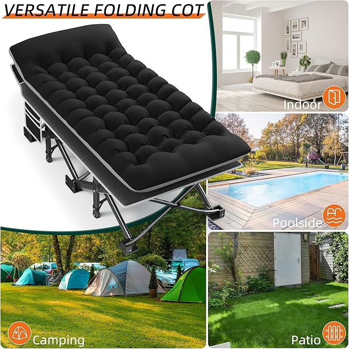 Portable Camping Cot 32 Extra Wide Camping Cots for Adults with Thick Mattress Heavy Duty Sleeping Cot Holds Up to 600LBS Cots for Sleeping Rv Beach Patio Office Naps 2Pcs (Black)