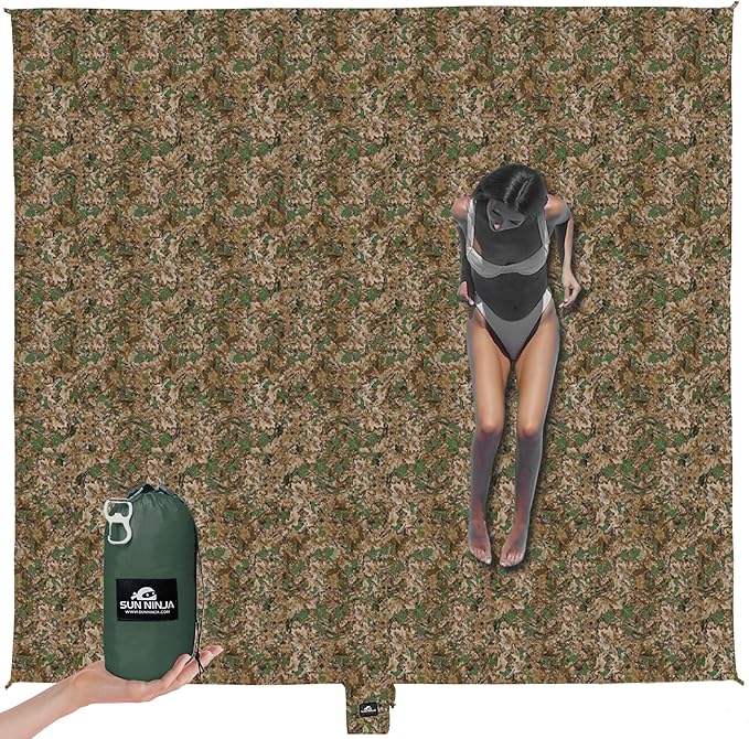 SUN NINJA Oversized Beach Blanket - Sandproof Beach Blanket 10ft x 9ft Sand Free Blanket Lightweight Water Resistant Includes Carry Bag 4 Pegs Shoulder Strap for Family Outings