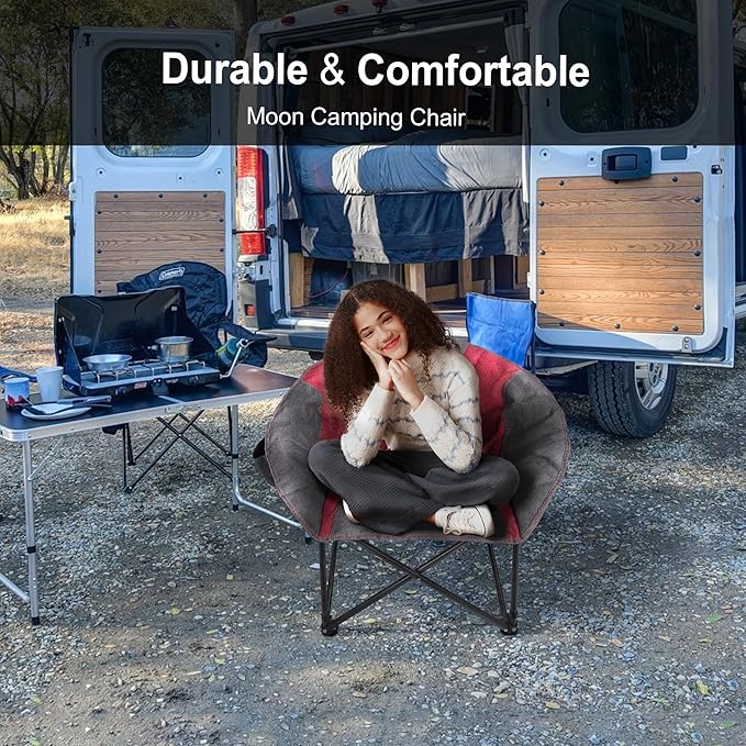 Northroad Folding Compact Camping Moon Chair Outdoor Padded Saucer Round Chair w/Cup Holder Supports up to 300 lbs for Beach Hiking Fishing Picnic LawnRed