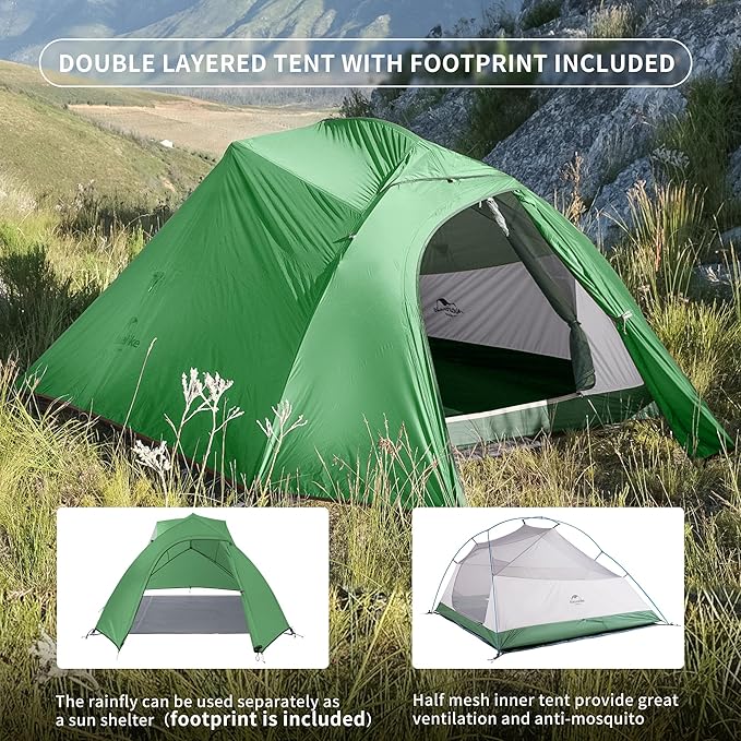Naturehike Cloud Up 3 Person Backpacking Tent with Footprint - 3 Season Free Standing Lightweight 3 Person Camping Tent | with Footprint Free Standing Dome Camping Hiking Waterproof