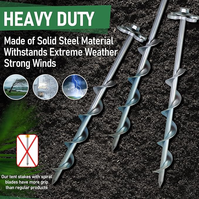 Ground Anchors Screw in – 8 Pack Spiral Tent Stakes heavy duty with Drill Socket &amp T-Handle 12 Inch Trampoline Anchor with Hook &amp Ring Design for Tents Sheds Canopies Swing Sets Gazebo(8)