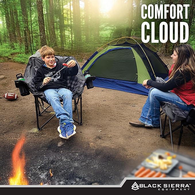 Black Sierra Oversized Camping Chair for Adults – 400 lb Heavy Duty Folding Chair with Cup Holders &amp Carry Bag