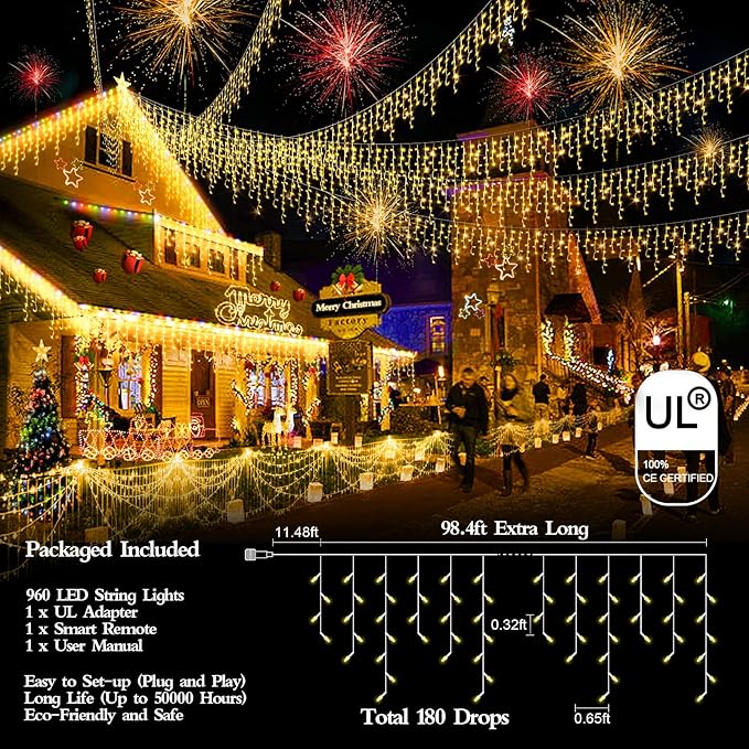 98FT 960 LED Christmas Lights Waterproof 8 Modes Ice Lights for Outside with Memory and Timer Hanging Fairy Lights Plug-in Curtain String Lights for Holiday Party Wedding Home (Warm White)