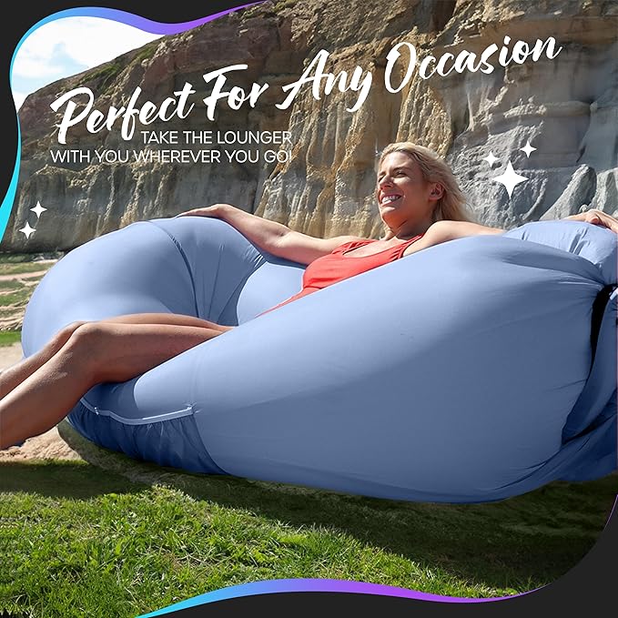 Nevlers Periwinkle Blue Inflatable Lounger | 210T Polyester Blow Up Couch | Inflatable Beach Chair w/ 450 lbs. Capacity Pockets &amp Carry Bag | No-Pump Air Couch for Use as Music Festival Accessor