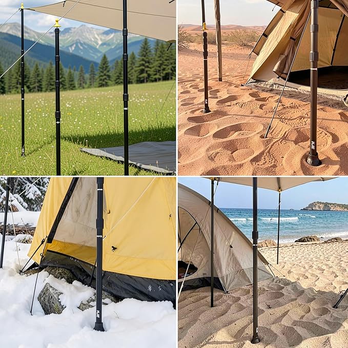 KJE 4 Pack Adjustable Heavy-Duty Tarp Poles Camping Tent Poles Set with Ground Stakes &amp Guylines &amp Yellow Protection Caps Aluminum Telescoping Pole(2.9ft to 8.7ft) for Outdoor Tarp Use