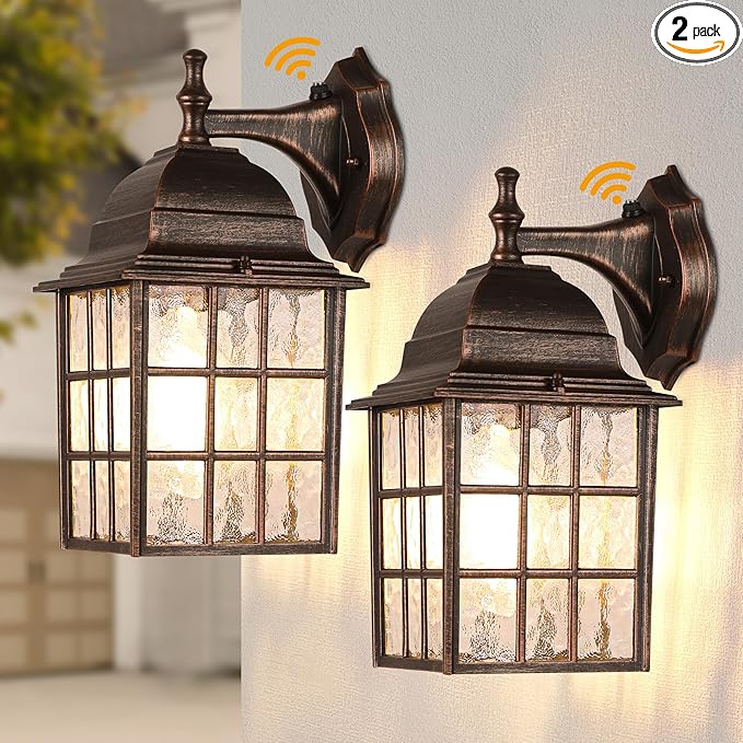 Farmhouse Exterior Light Fixtures - Sensor Dusk to Dawn Outdoor Porch Lights Black Brush Gold Wall Sconce Outside Wall Lantern for Front Door Garage 2 Pack