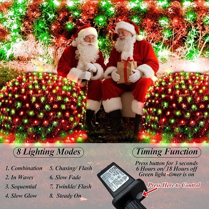 Lovelite 300LED Christmas Net Lights 14.8ft x 5ft Mesh Lights Outdoor Green Wire 8 Modes Timer Waterproof Connectable String Lights for Bushes Xmas Tree Garden Holiday Party Decor - Red Green